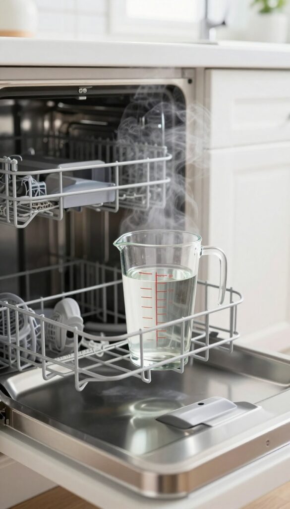 Open dishwasher with a cup of vinegar on the top rack, steam rising, bright natural light