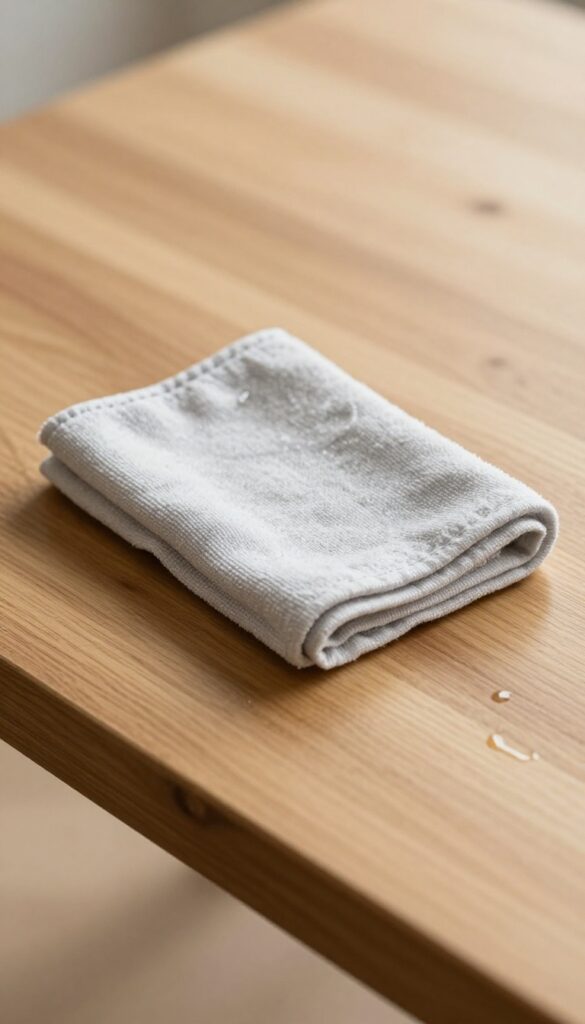 Damp microfiber cloth on wooden table for dusting