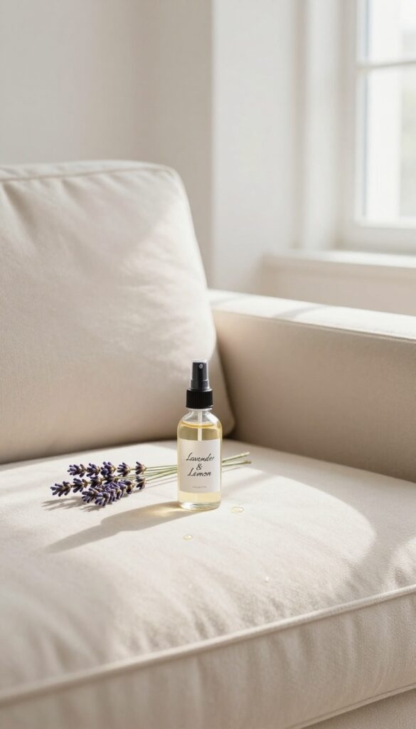 Cozy living room with a plush sofa, a spray bottle of essential oils, and fresh lavender sprigs in natural light.