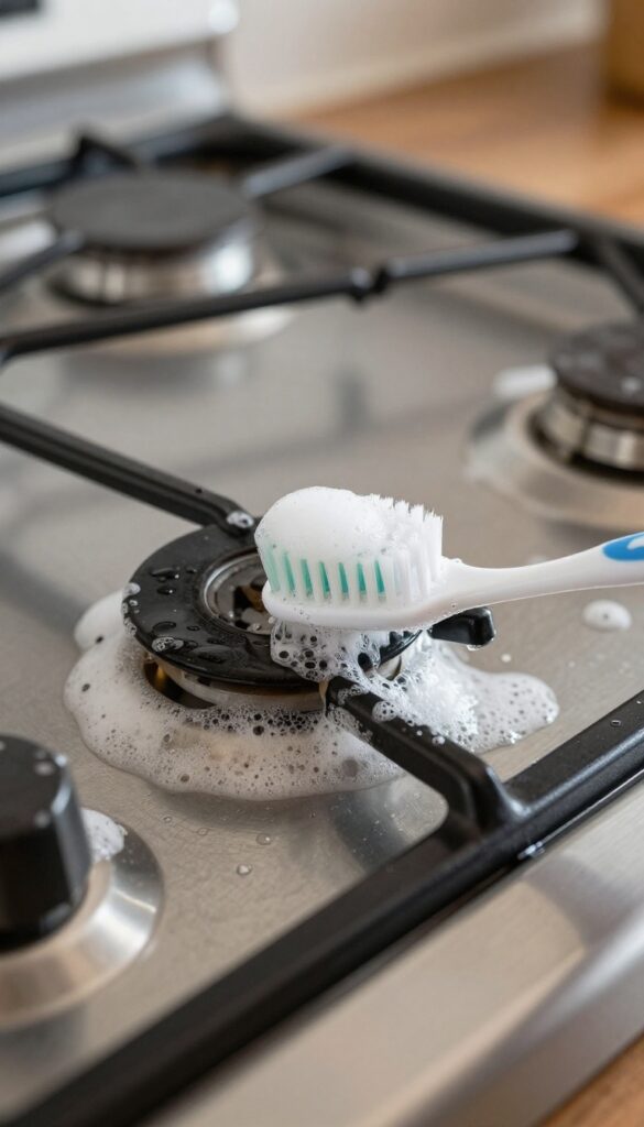 Toothbrush scrubbing grease from stove knob crevices