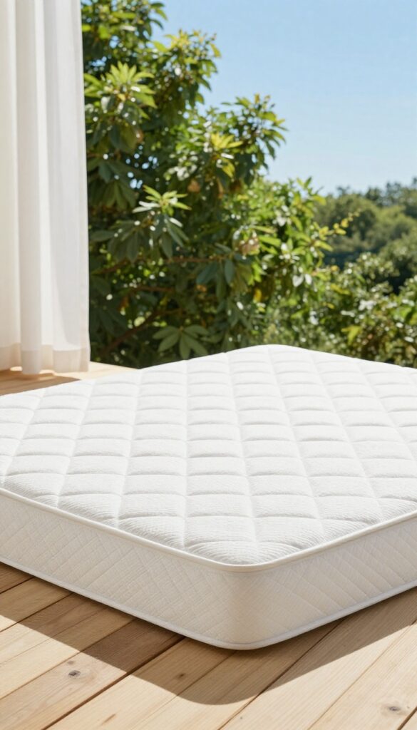 A clean mattress on a sunny deck, surrounded by fresh air and sunlight, symbolizing a natural refresh.