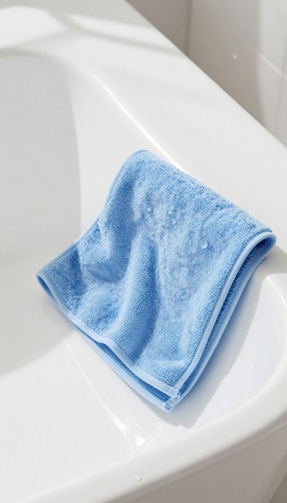 A microfiber cloth wiping a clean, shiny bathtub in bright natural light.