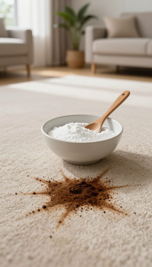 White vinegar and baking soda paste in a bowl next to a coffee stain on a beige carpet