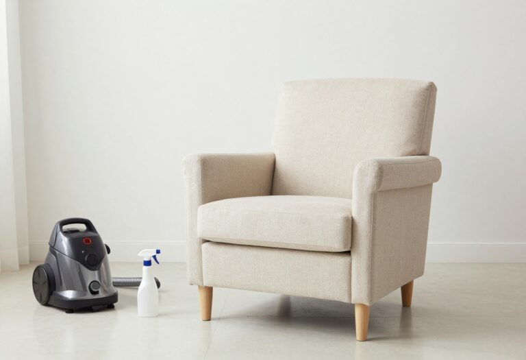 Clean upholstery chair with cleaning tools nearby