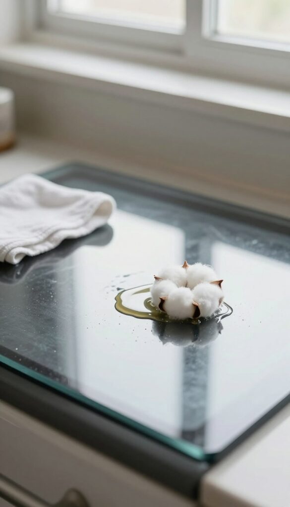 Rubbing alcohol on a cotton ball removing sticky residue from a glass stovetop