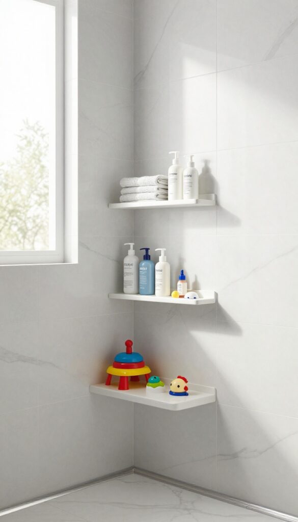 Multi-tier shower niche with staggered shelves for family storage, featuring bath toys, toiletries, and towels in a bright tiled bathroom
