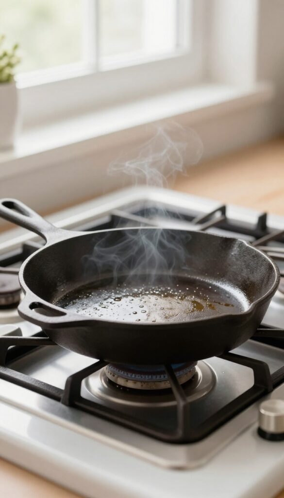 Cast iron skillet on stovetop with oil smoking for quick seasoning