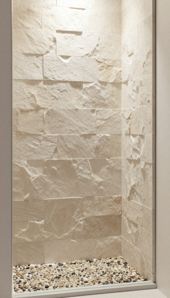 Stacked stone and pebble shower wall tiles in a natural spa-like bathroom