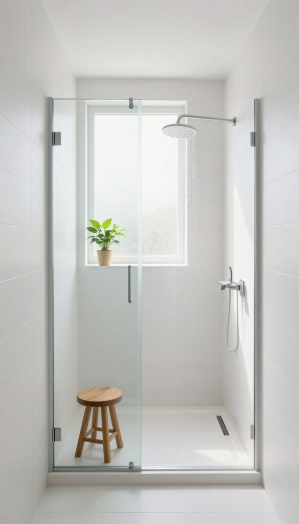 Small shower room with large-format white tiles, minimal grout lines, and natural light