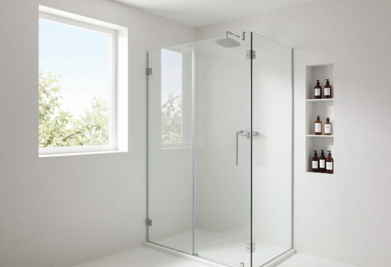 Modern shower with frameless glass door and rain showerhead