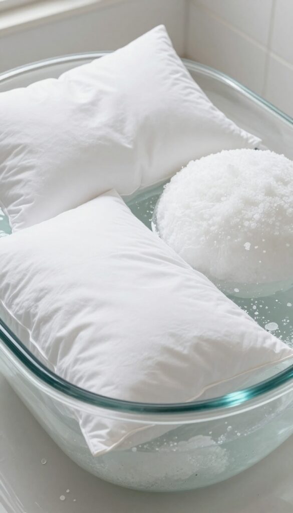 White pillows soaking in a basin of hot water and Borax for deep cleaning yellow stains
