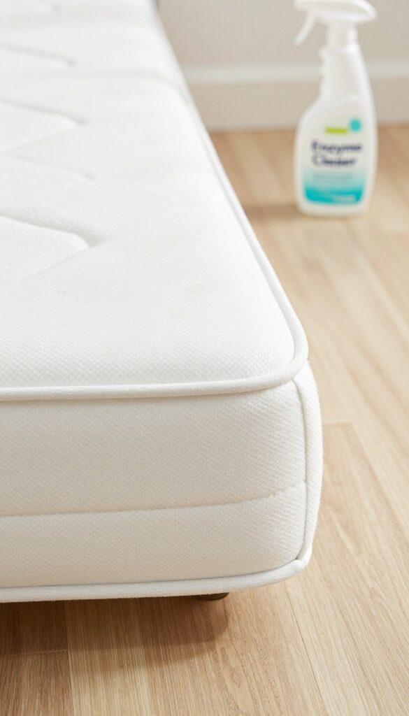 Close-up of a clean white mattress with a spray bottle of enzyme cleaner and a cloth, bright natural light, photorealistic home cleaning inspiration.