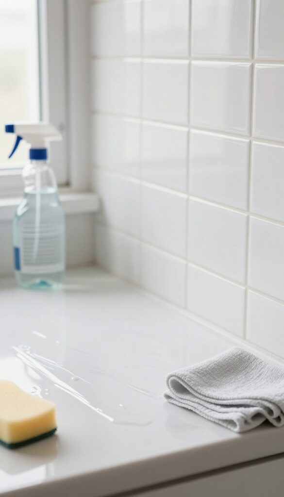 Cleaning kitchen backsplash with microfiber cloth