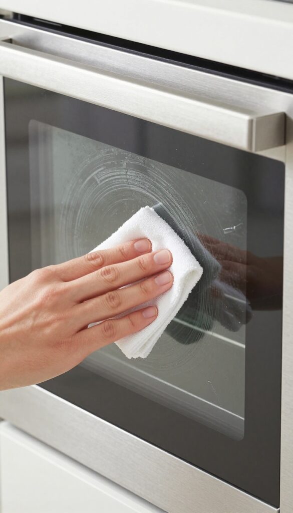 Cleaning oven door with rubbing alcohol to remove stubborn fingerprints