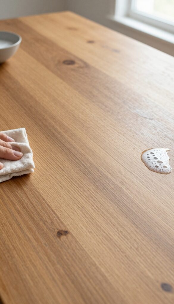Cleaning old wood furniture with a damp cloth and mild dish soap solution