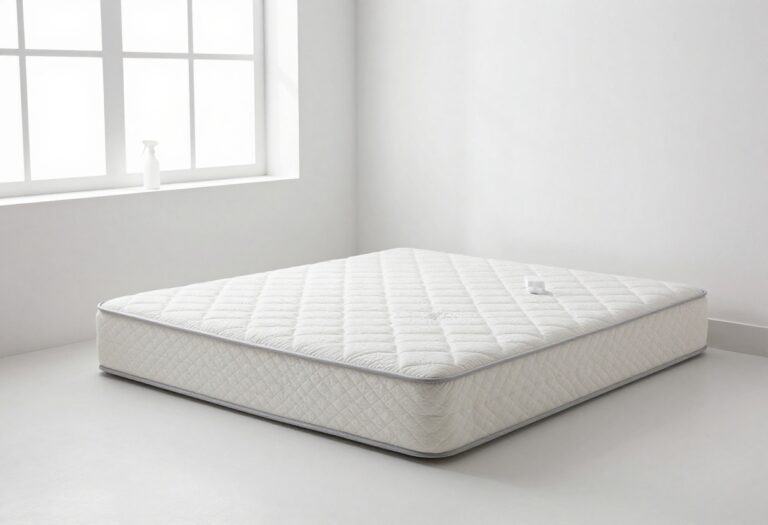 Clean mattress with cleaning supplies on bed