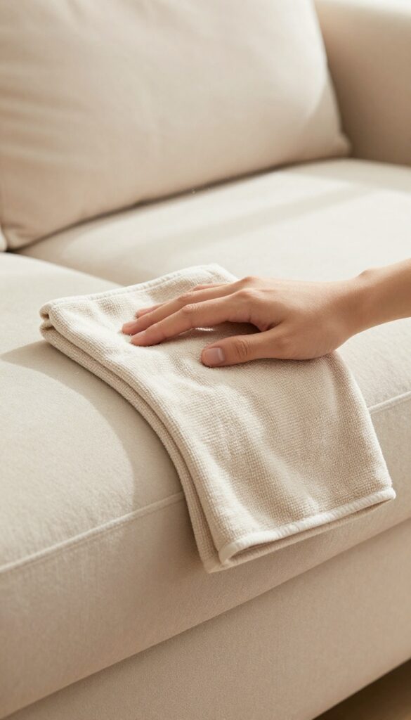 Person dusting a beige microfiber couch with a dry microfiber cloth in a sunlit living room
