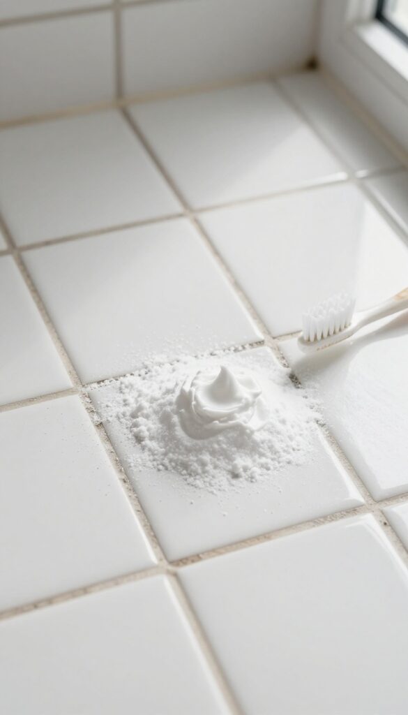 Toothpaste and baking soda paste on bathroom grout with a toothbrush for scrubbing
