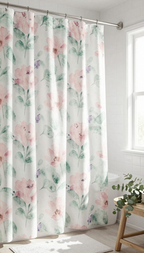 Watercolor floral shower curtain in soft pastels with white tiles and natural wood accents