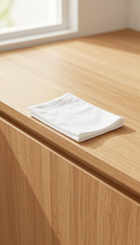 Person wiping a kitchen cabinet with a microfiber cloth, leaving a streak-free shine