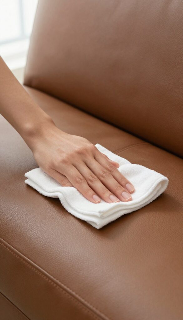 Hand wiping a leather couch with a damp microfiber cloth in bright natural light