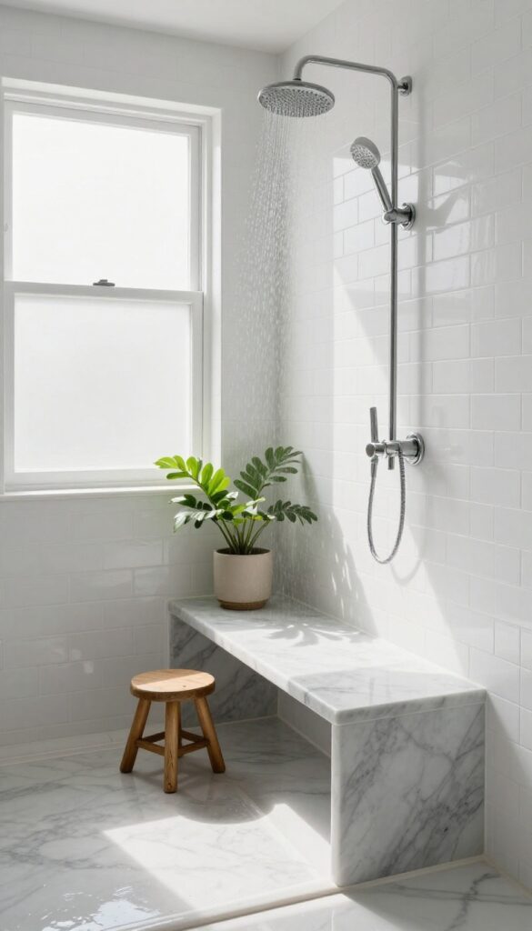 Bright bathroom shower with built-in tile bench and teak stool, spa-like design