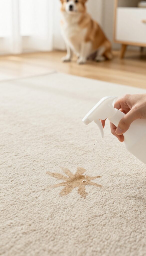 Spraying enzyme cleaner on a pet stain on a light beige carpet with a dog in the background