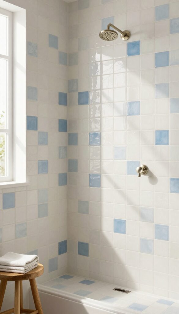 Zellige tile shower wall with handcrafted charm, natural light, and subtle color variations