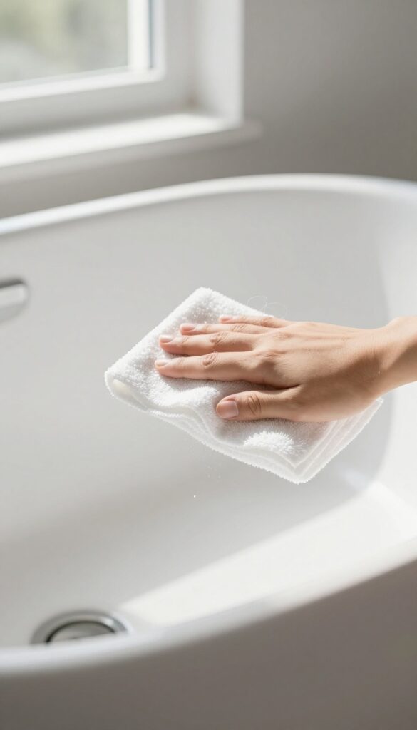 Dry scrubbing a bathtub with a microfiber cloth to remove loose dirt and hair before wet cleaning