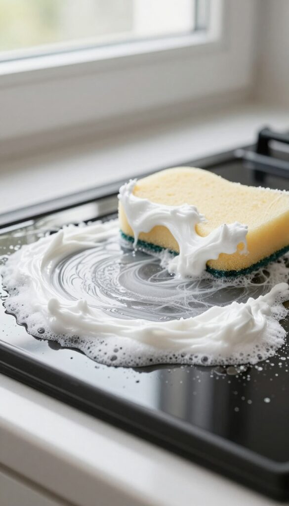 Dish soap and baking soda paste applied to greasy oven door