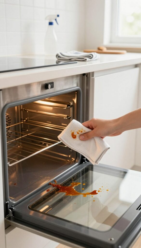 Hand wiping a fresh spill in a warm oven with a damp cloth, bright kitchen light, clean stainless steel interior