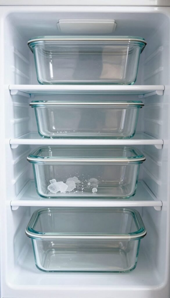 Clear containers and freezer bags on a refrigerator shelf, one open with frozen leftovers, bright natural light, clean and organized.