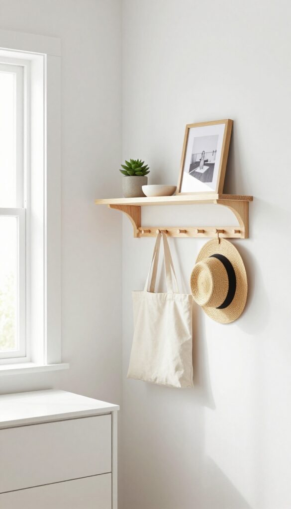 Wall-mounted floating shelves and peg rail keeping surfaces clear in a bright, minimalist bedroom
