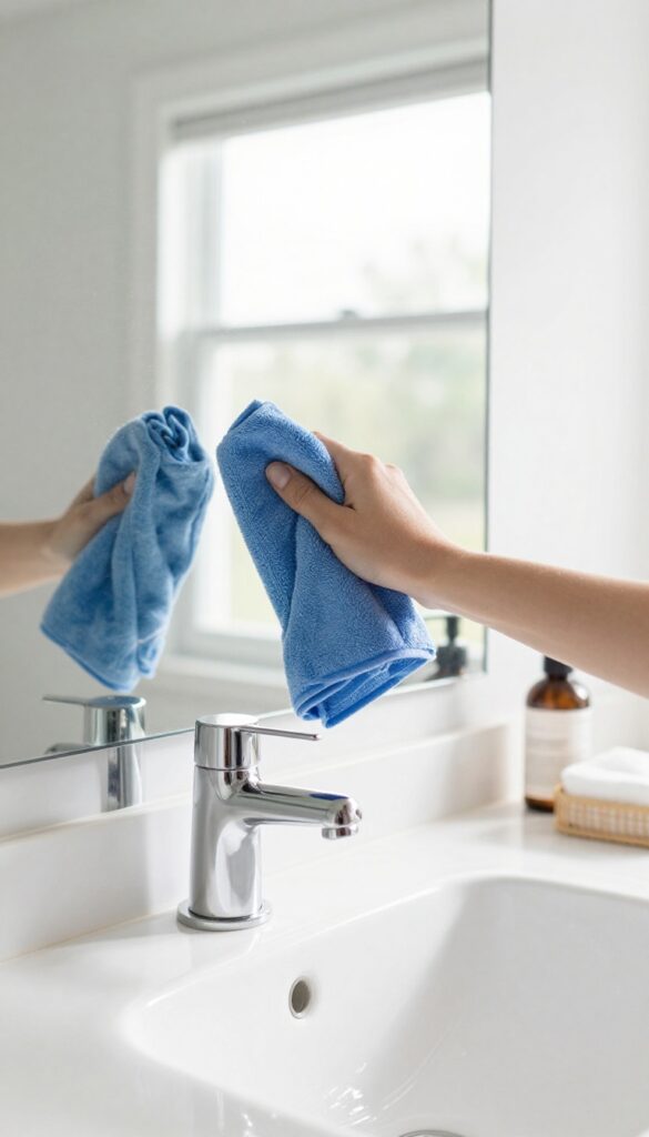 Hand wiping a mirror with a microfiber cloth in a bright, clean bathroom