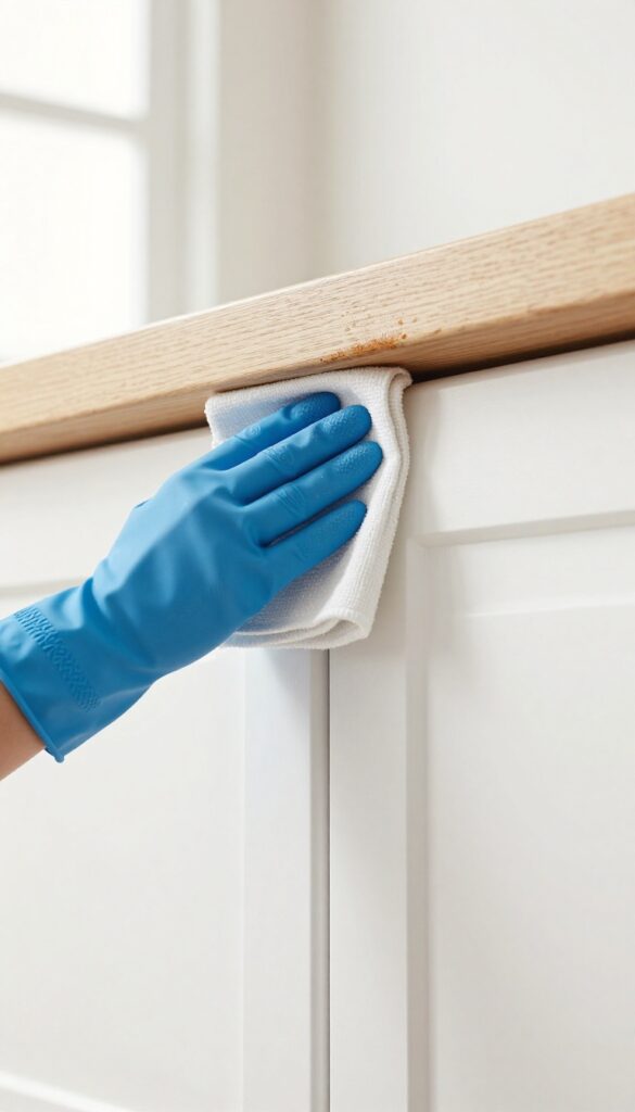 Hand wiping greasy dust from crown molding on top of kitchen cabinets with a microfiber cloth