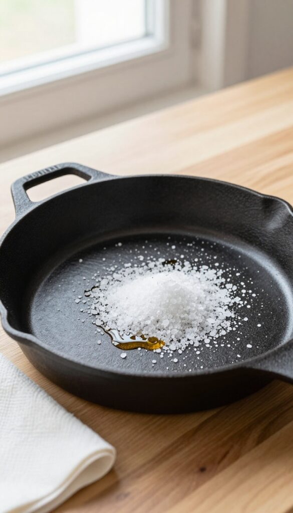 Close-up of a cast iron skillet with coarse salt and oil ready for scrubbing, on a wooden countertop.