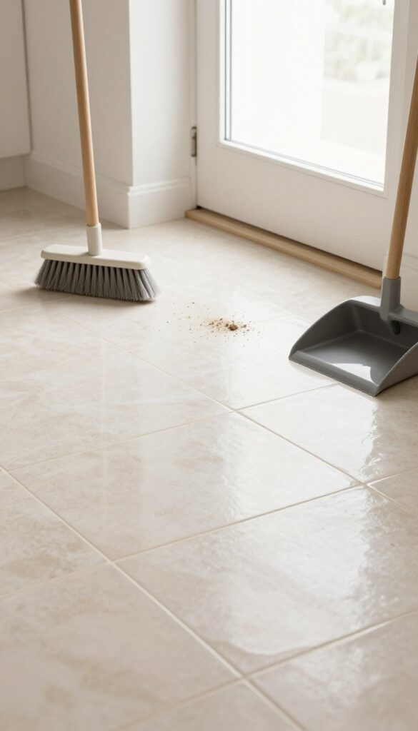 Soft-bristle broom and dustpan on a clean tile floor with swept debris in a sunny kitchen