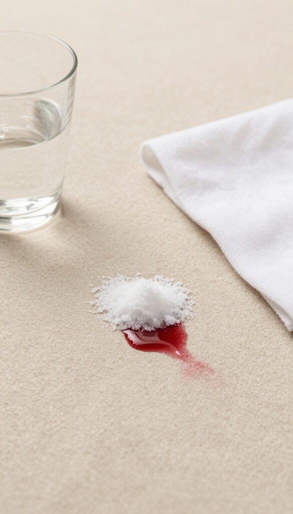 Red wine stain on carpet with salt and club soda for DIY removal