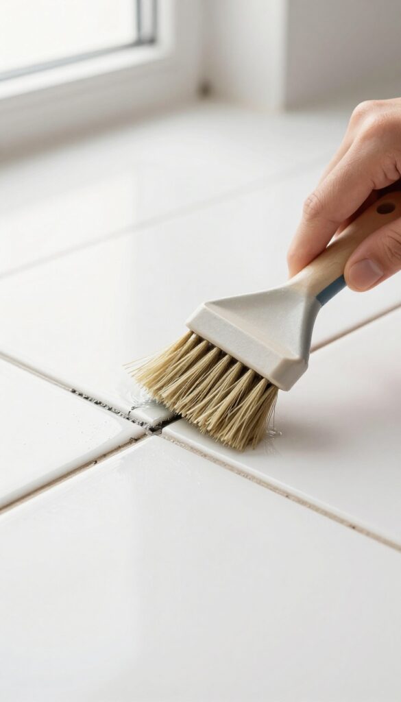 Close-up of a hand using a grout brush to scrub dirty grout between floor tiles, with bright natural lighting.