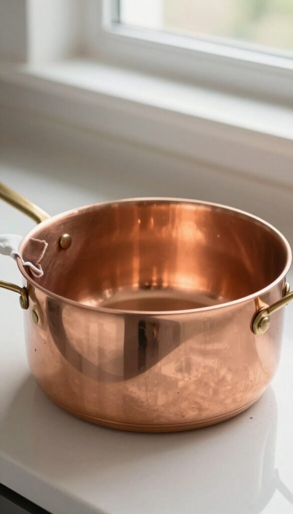 Polishing a copper pot bottom to a mirror shine on a sunlit kitchen counter