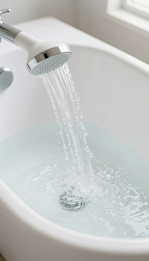Rinsing a clean white bathtub with warm water from a handheld showerhead in bright natural light