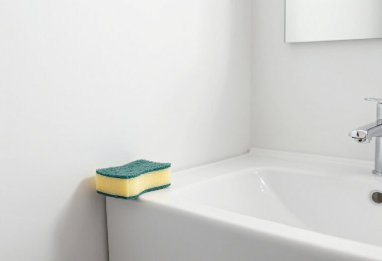 Clean bathroom walls with a sponge and cleaning supplies on a counter.