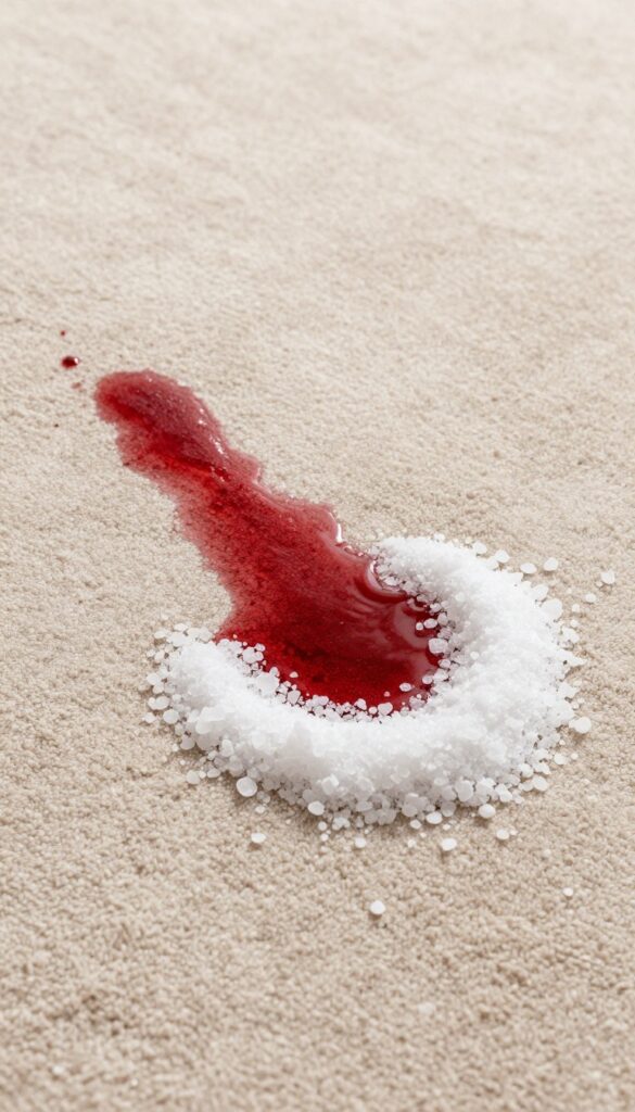 Salt poured over a fresh red wine spill on a beige carpet to absorb liquid