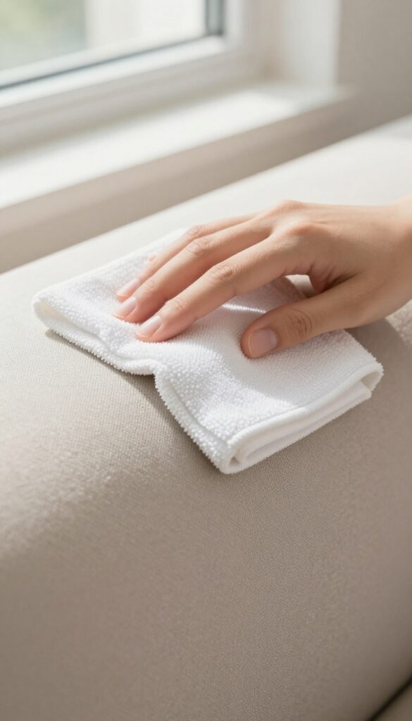 Hand blotting a microfiber couch with a damp cloth in natural light