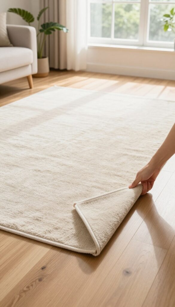 Person rotating a large area rug in a bright living room to ensure even wear and sun exposure.