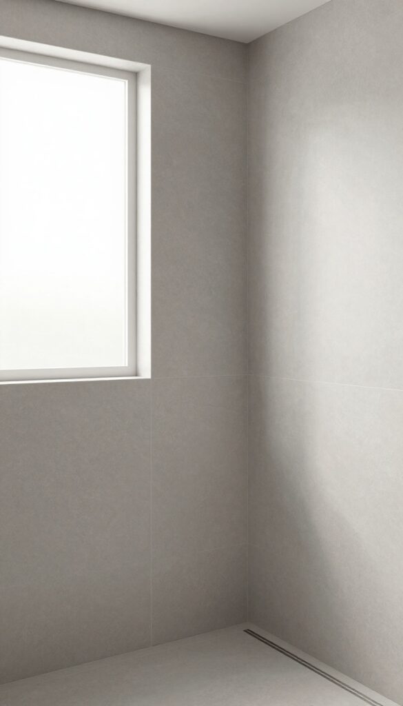 Seamless large-format porcelain slabs in a modern shower with natural light