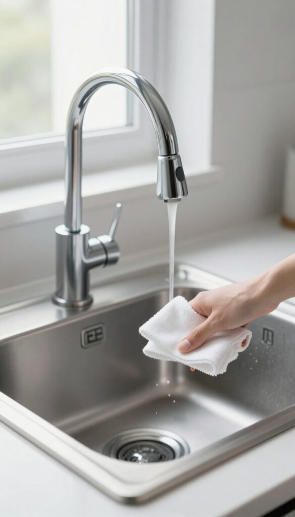 Dry kitchen sink with chrome faucet and microfiber cloth