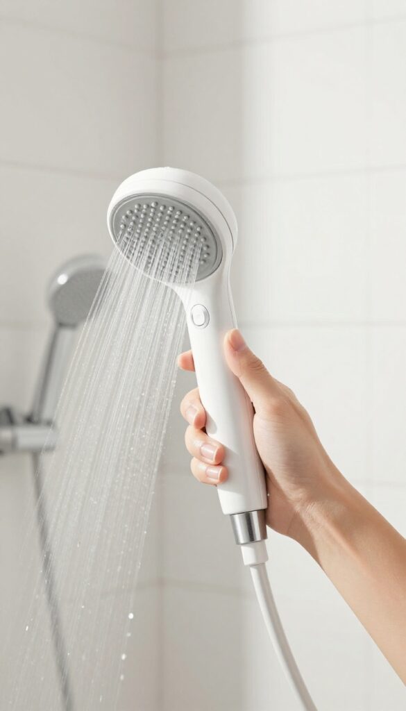 Adjustable massage shower head with pulsating water stream in a bright bathroom