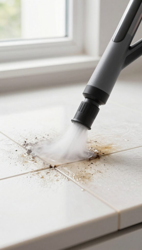 Steam cleaner cleaning grout on tile floor
