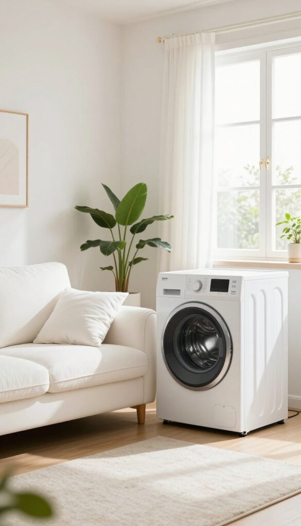 Removing white sofa cushion covers and placing them in a washing machine for cleaning.